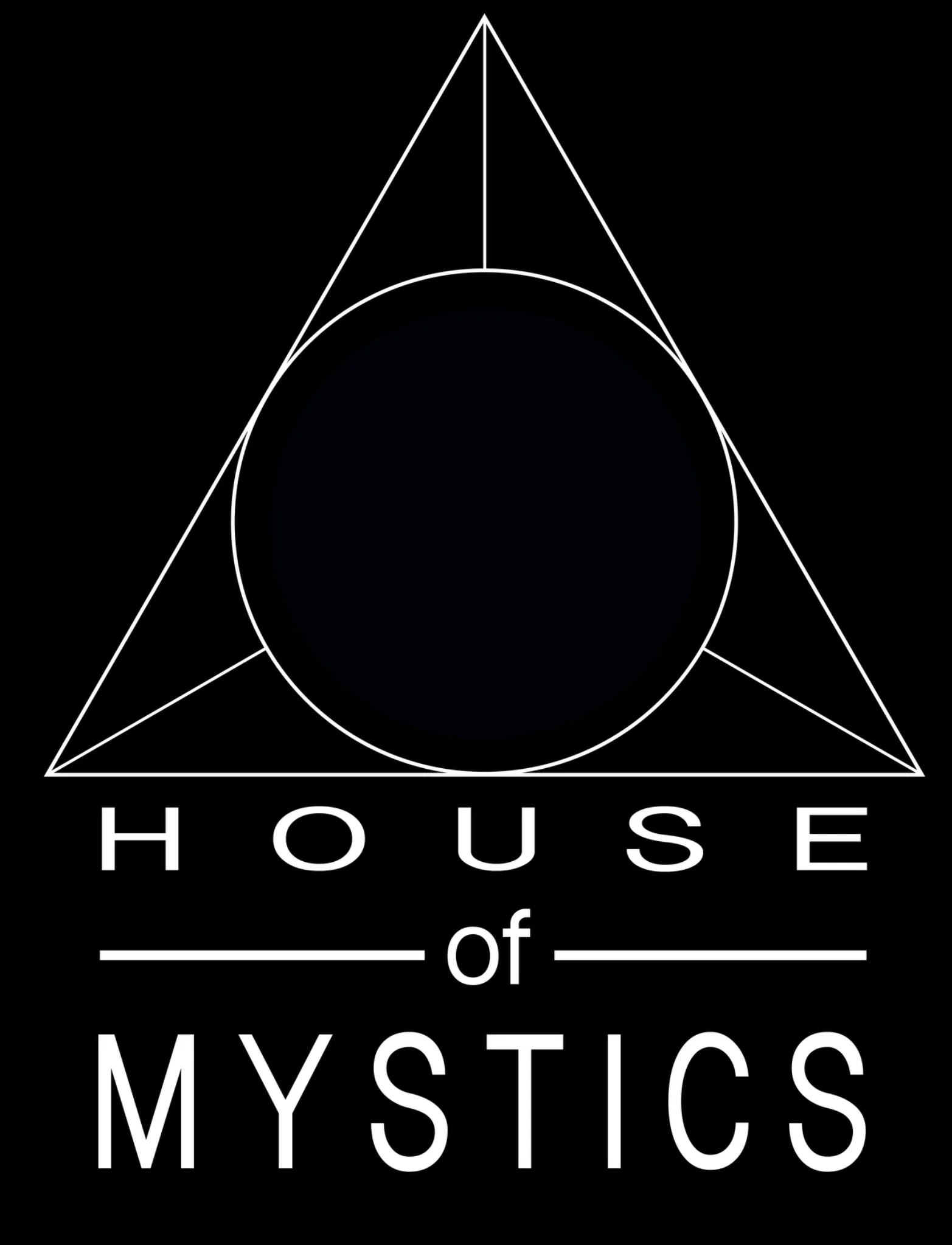 The black and white House of Mystics logo, with the stacked text forming the house beneath the triangle roof.
